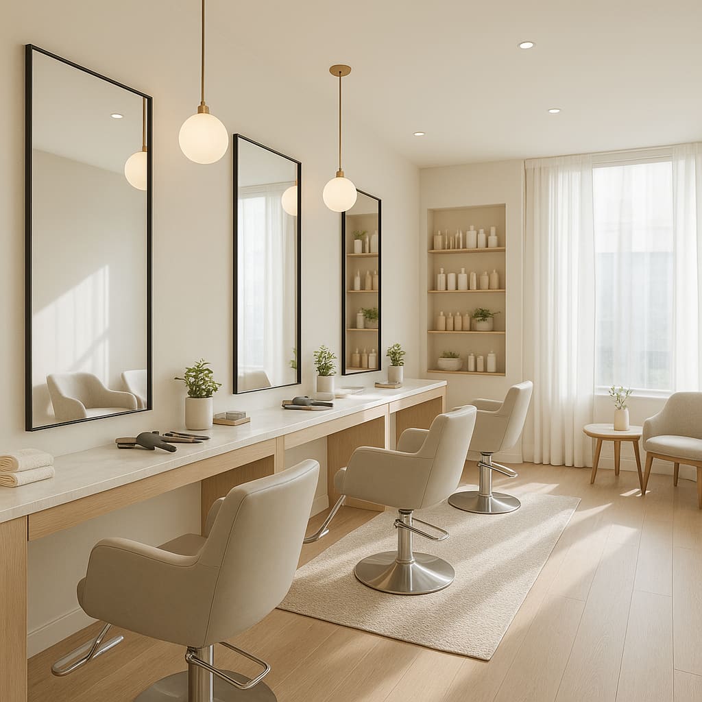Modern beauty salon interior with styling stations