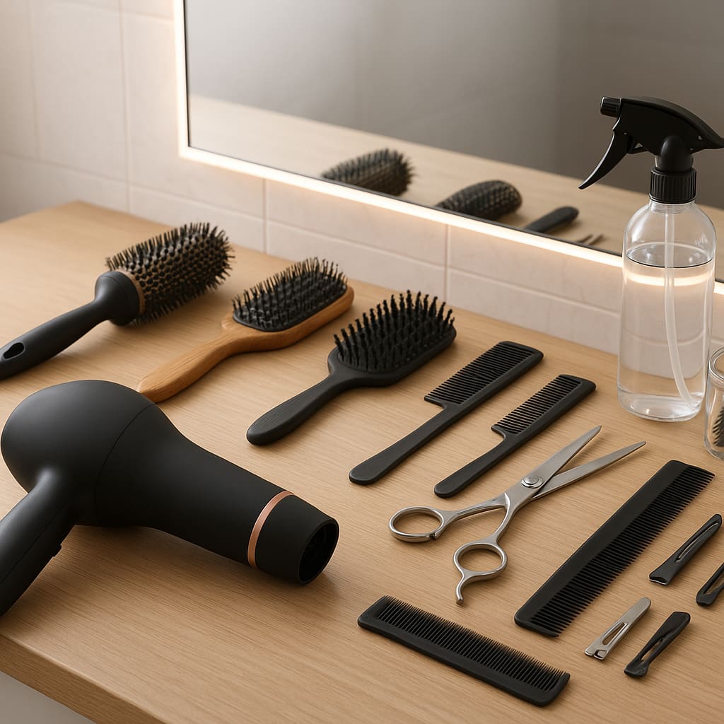 Hair styling tools on a salon station